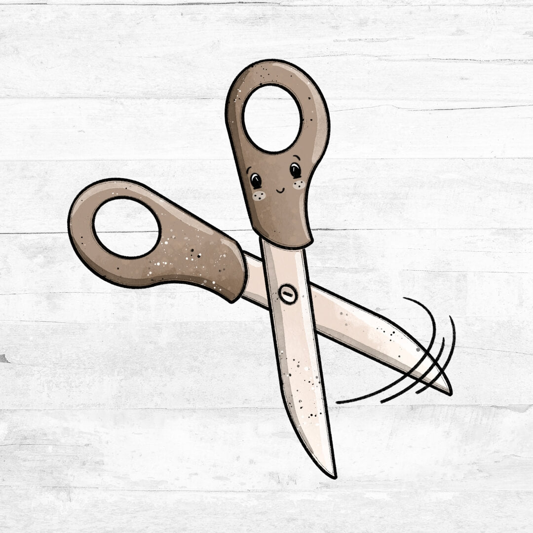 Bügelbild Schreibzeug Schere braun