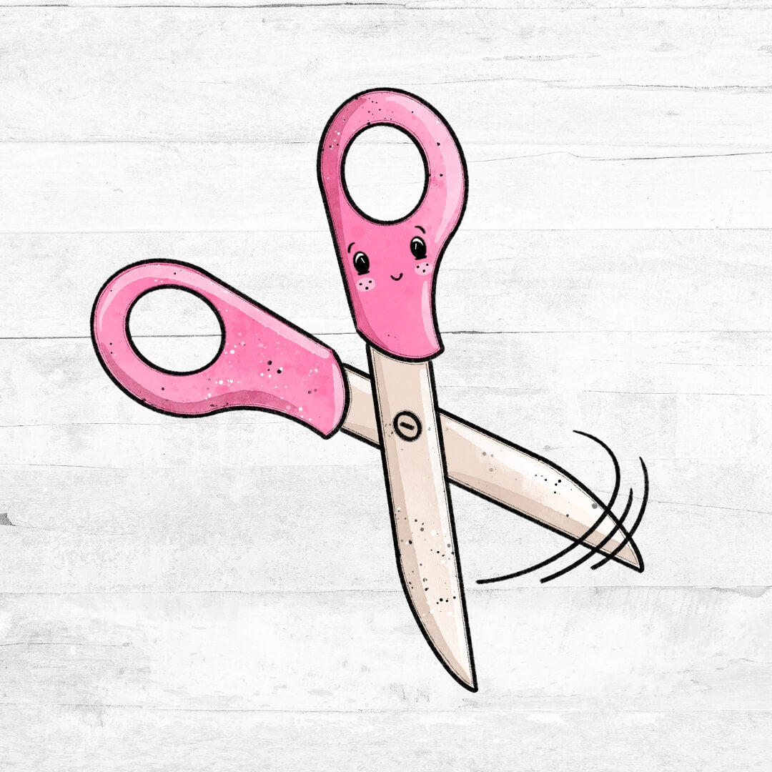 Bügelbild Schreibzeug Schere rosa