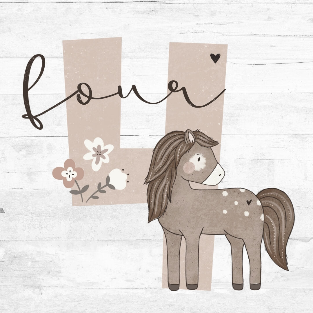 Bügelbild Geburtstagszahl 4 Pony